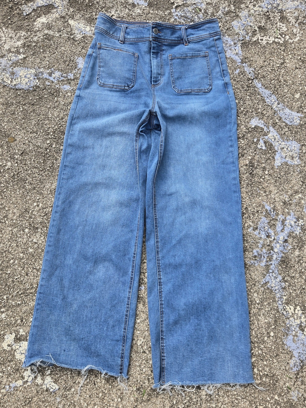 OAT New York Wide Leg Jeans Patch Pocket Frayed Hem Denim Jeans 10/30